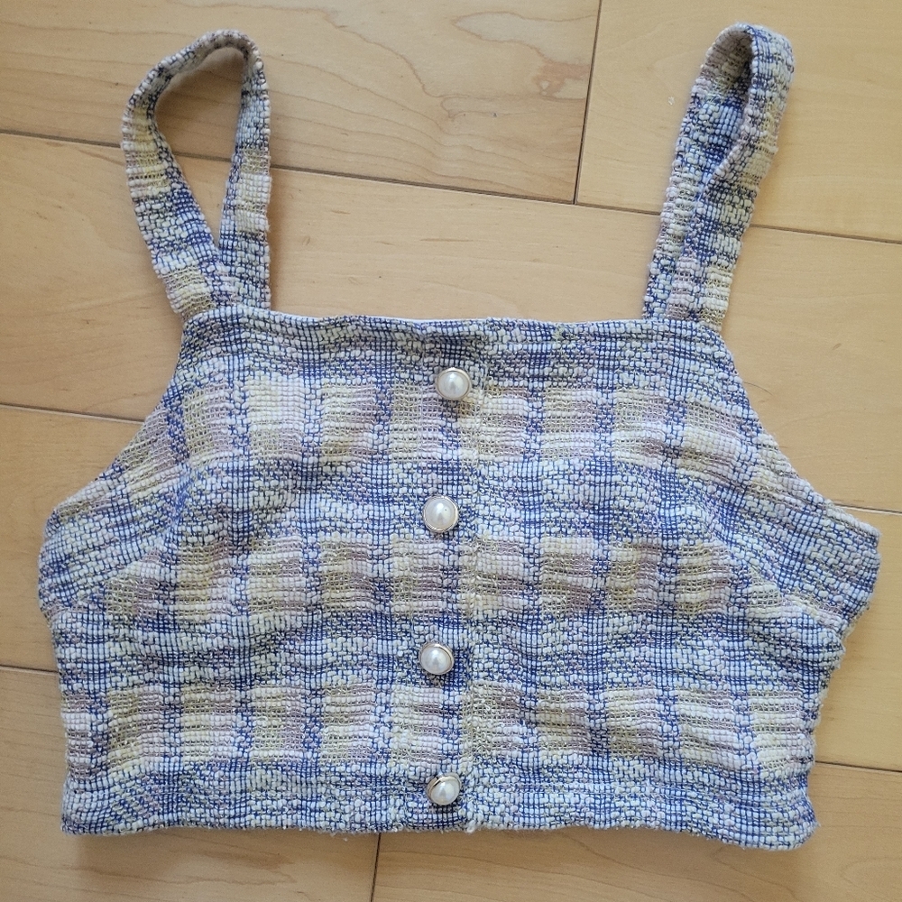 Almost Famous Tweed Plaid Pearl Button Cropped Top Bustier Size S - Picture 3 of 4